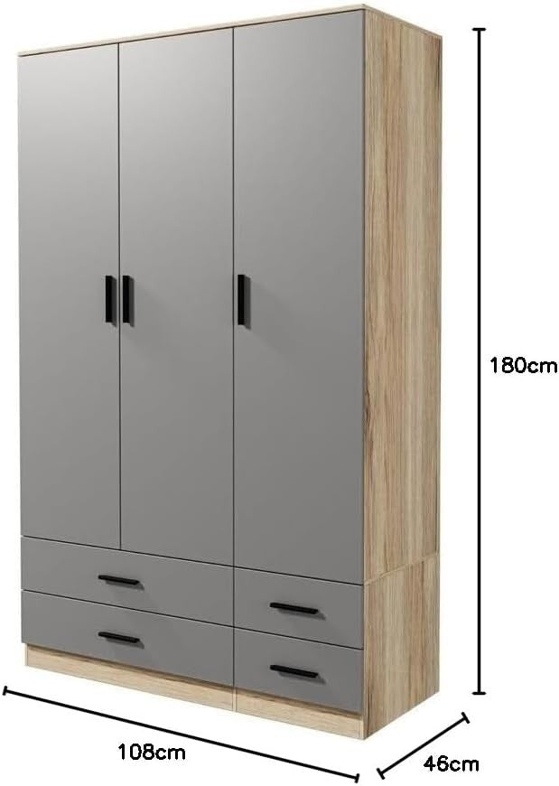 Oak & Grey 3 Door Wardrobe with 4 Drawers, Modern Bedroom Storage Unit