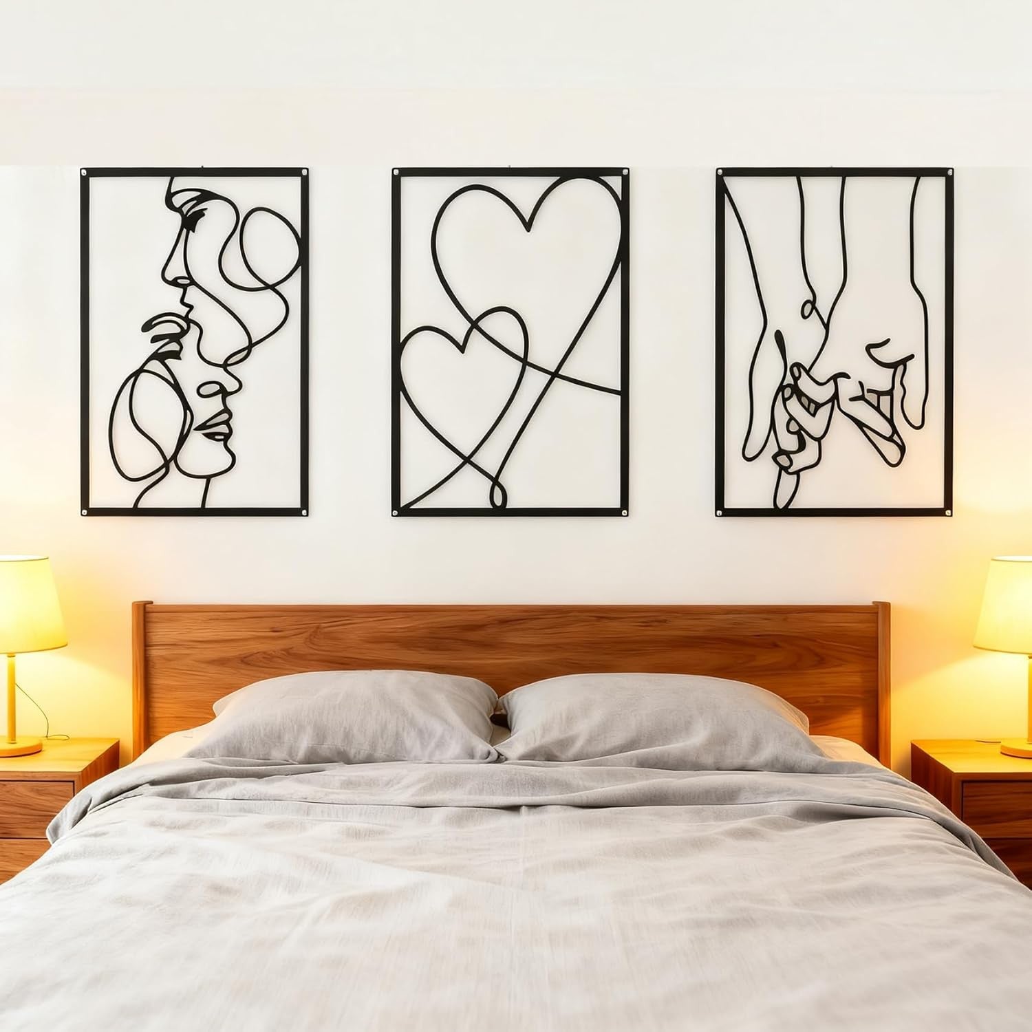 Black Metal Wall Art Set of 3 Modern Line Love Abstract 40x28cm