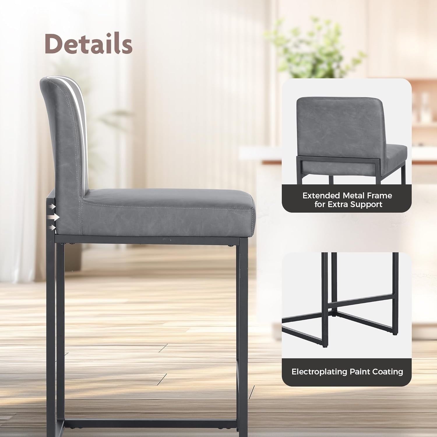 Grey PU Leather Bar Stool – Modern Kitchen & Breakfast Counter Chair