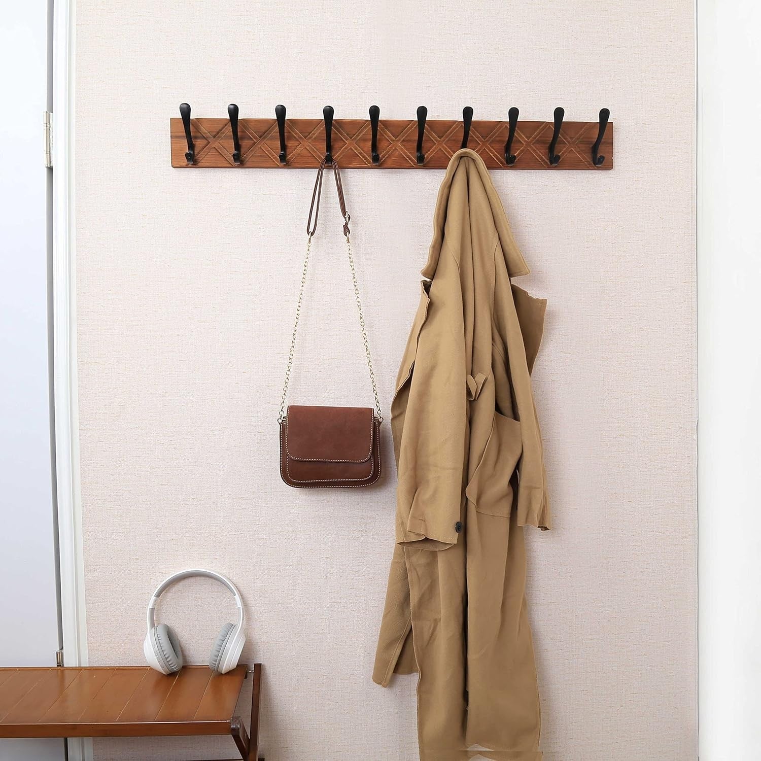 Antique Wooden Wall Coat Rack | 10 Hook Heavy Duty Hanger Brown & Black