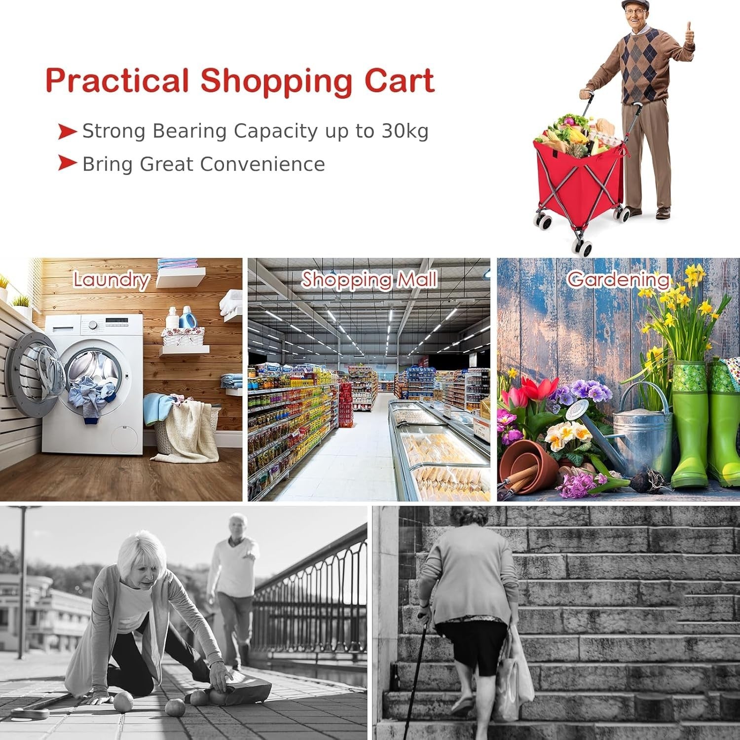 90L Folding Shopping Trolley 8 Wheels Large Push Cart Waterproof Red