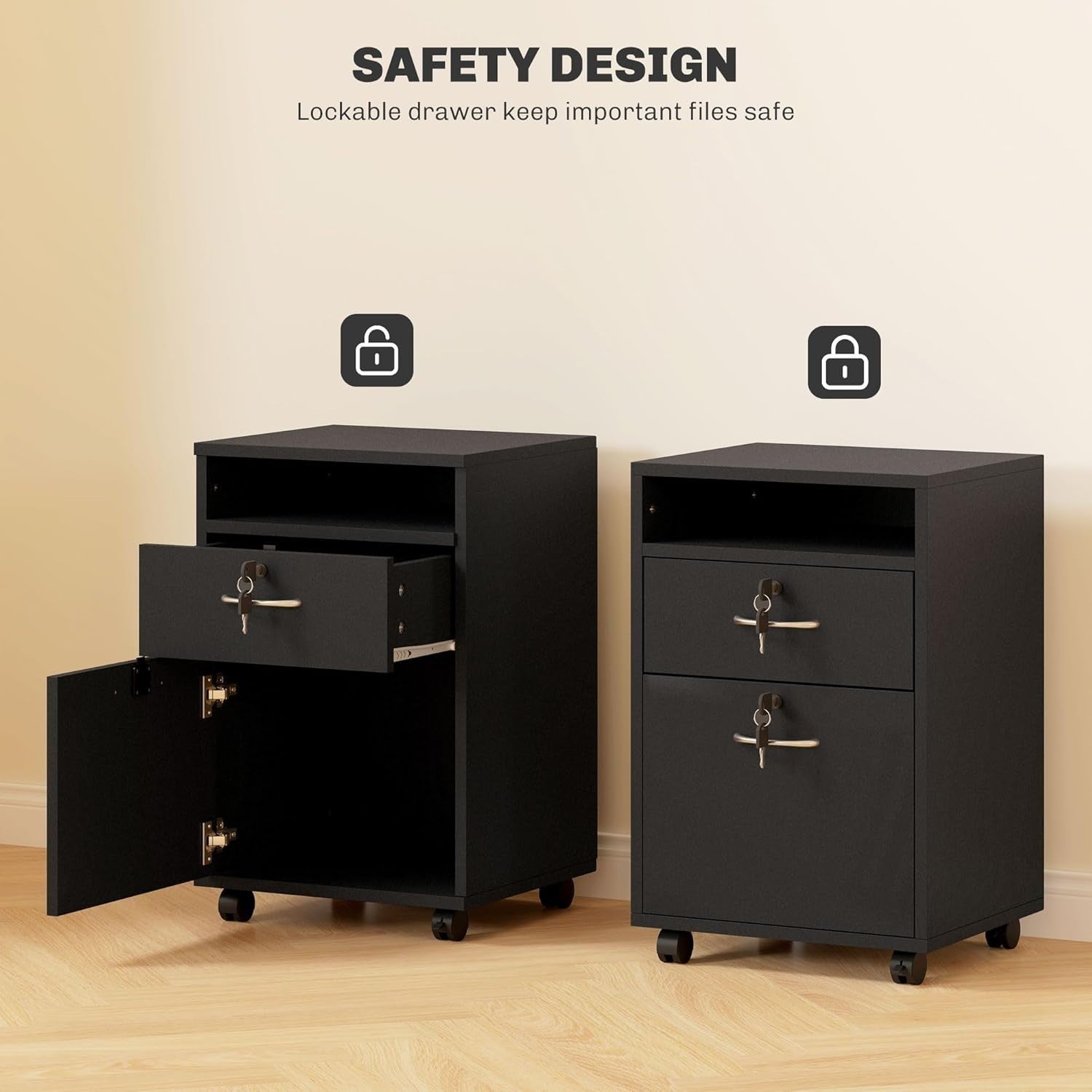 Black Mobile Filing Cabinet with Lockable Drawer & Wheels for Home Office