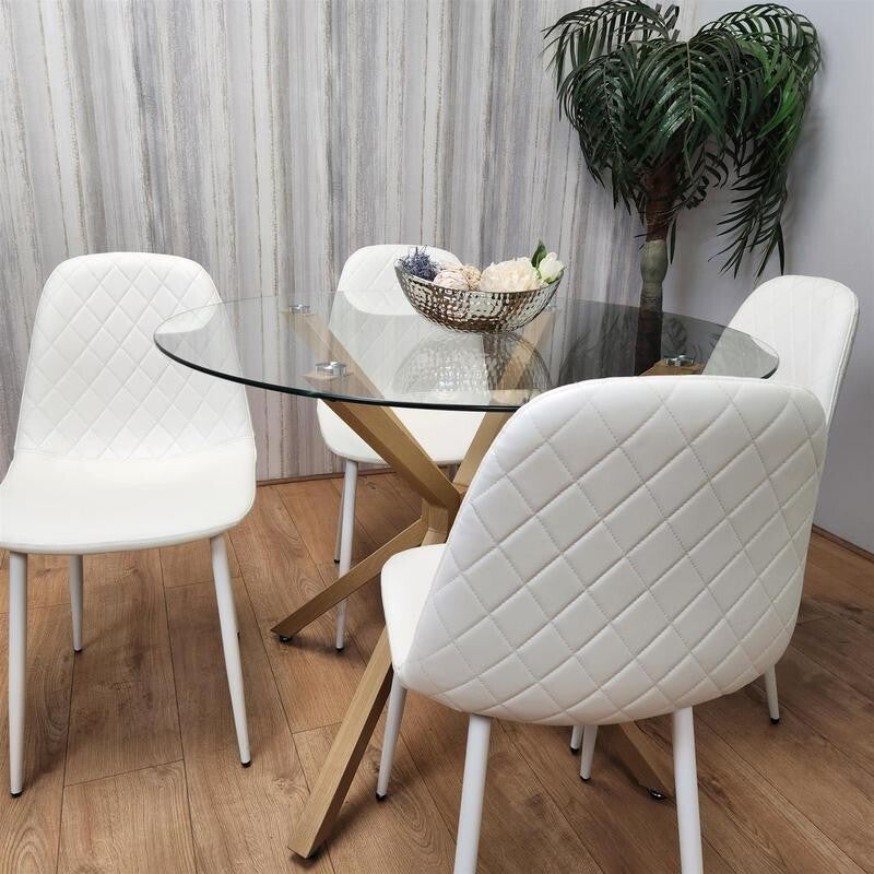 Round Glass Dining Table Set with 4 White Leather Chairs Oak Metal Legs