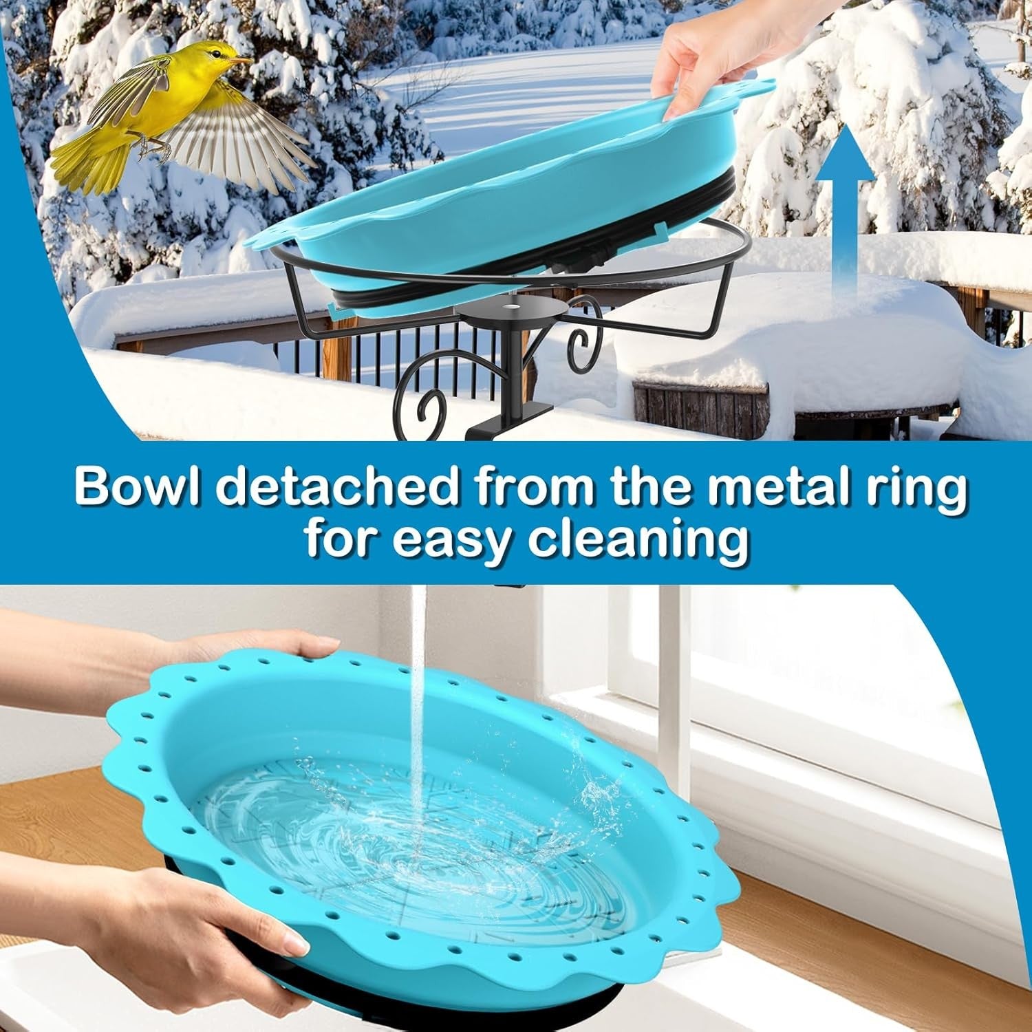 Heated Bird Bath 100W Thermostat Blue Deck Mount Winter Outdoor Water Feeder