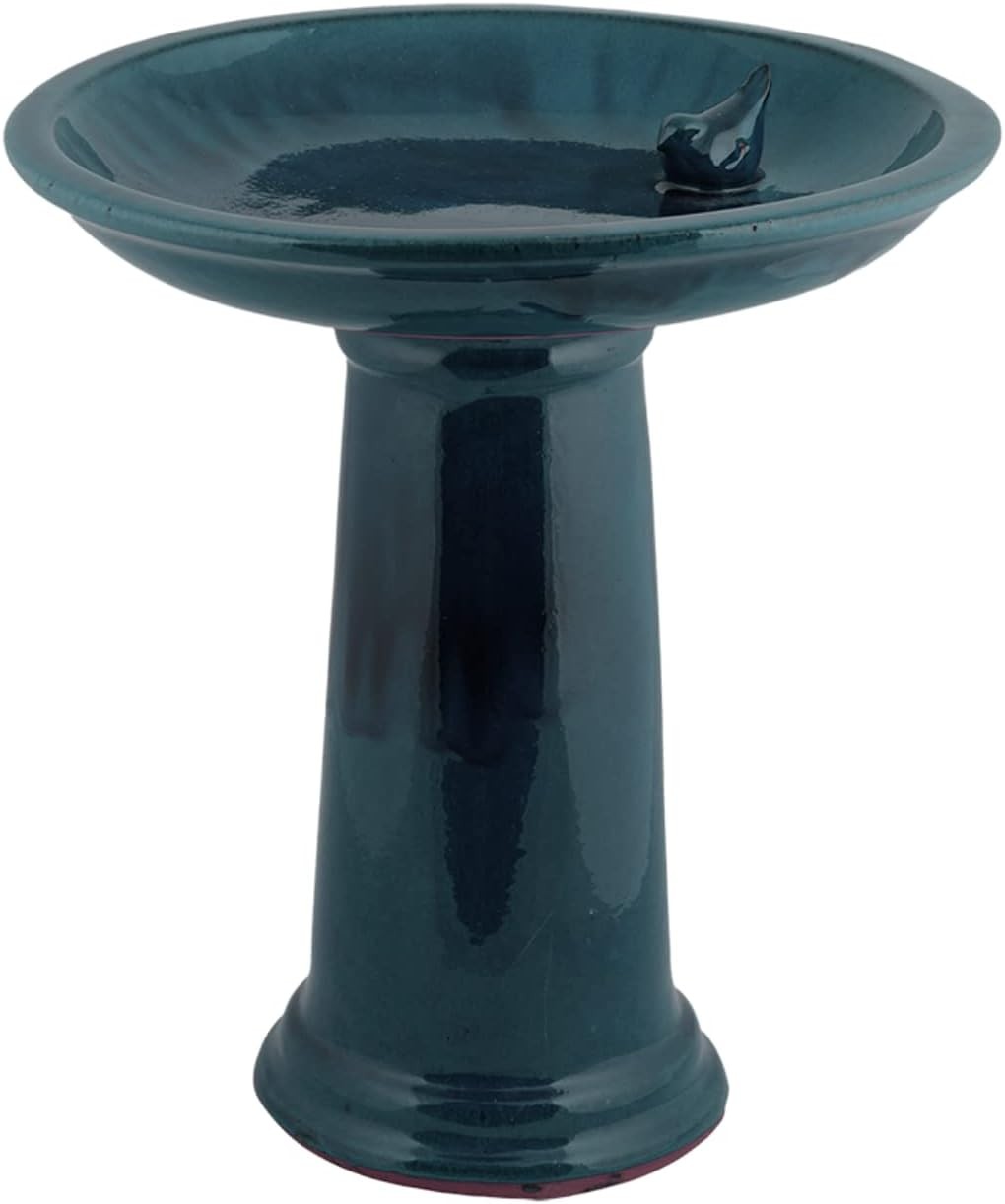 Blue Ceramic Bird Bath Garden Ornament Pedestal Bowl Outdoor Feeder Decor