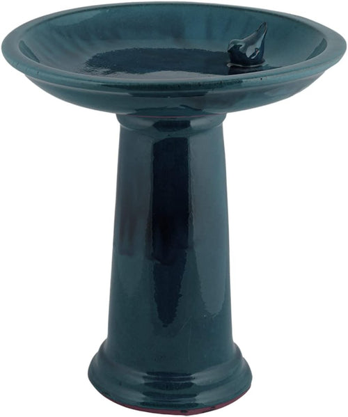Blue Ceramic Bird Bath Garden Ornament Pedestal Bowl Outdoor Feeder Decor