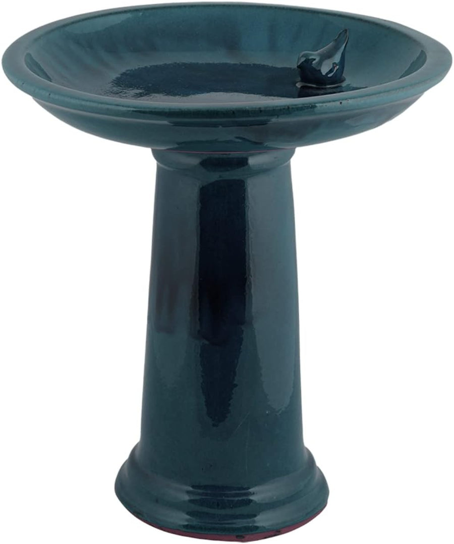 Blue Ceramic Bird Bath Garden Ornament Pedestal Bowl Outdoor Feeder Decor