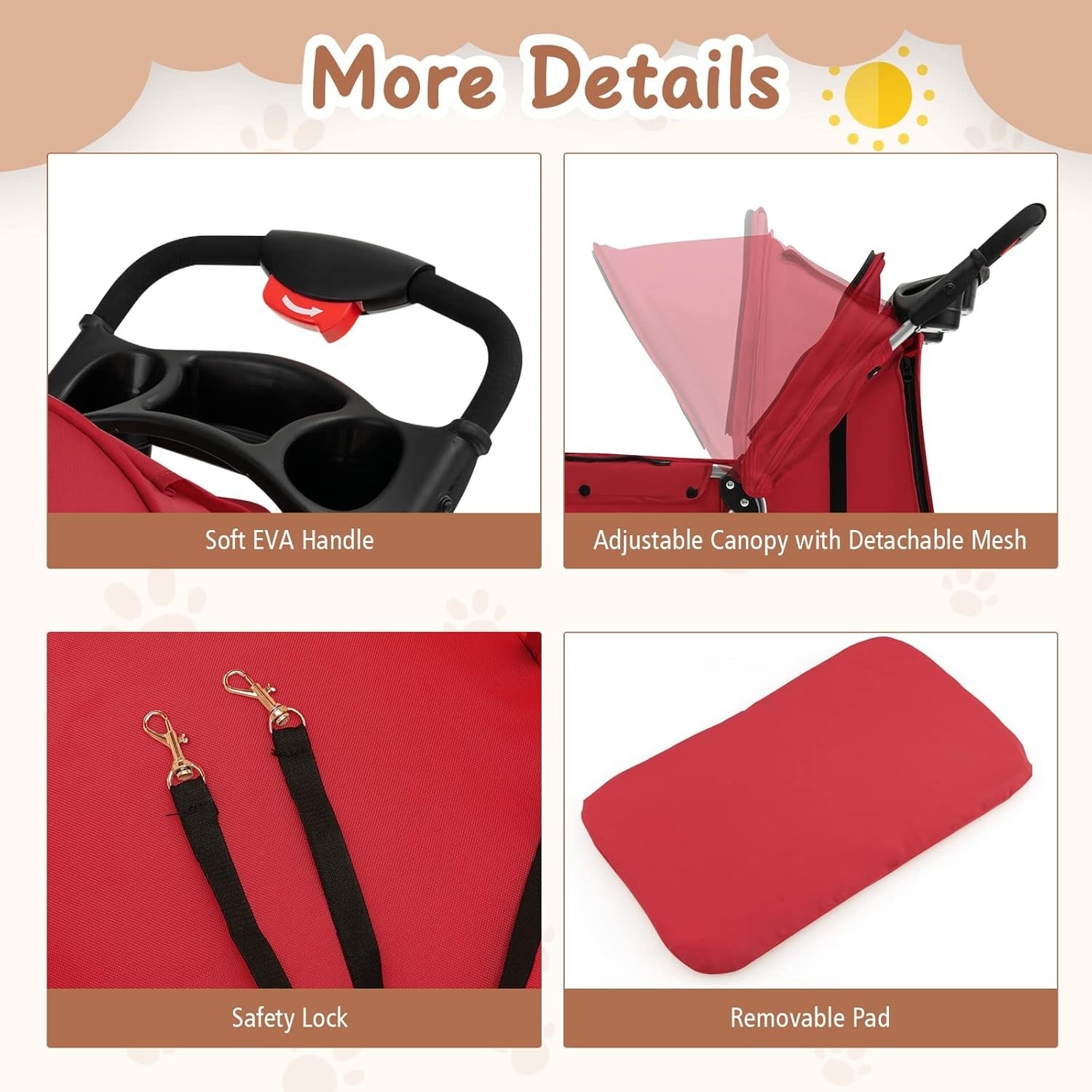 Red Foldable Pet Stroller Pushchair with 4 Wheels for Small Dogs & Cats