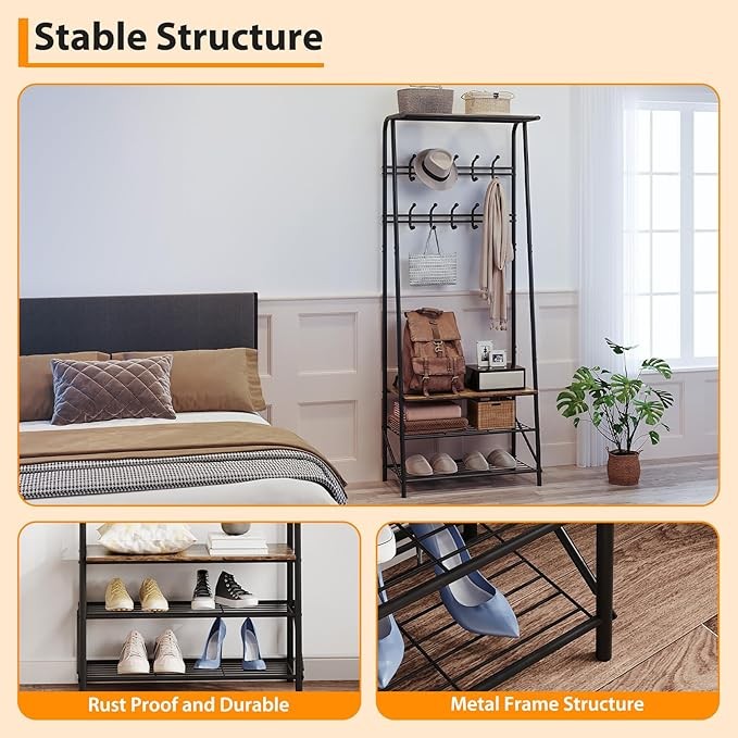 Rustic Brown 3-in-1 Coat Rack with Shoe Storage & 10 Hooks Hallway Stand