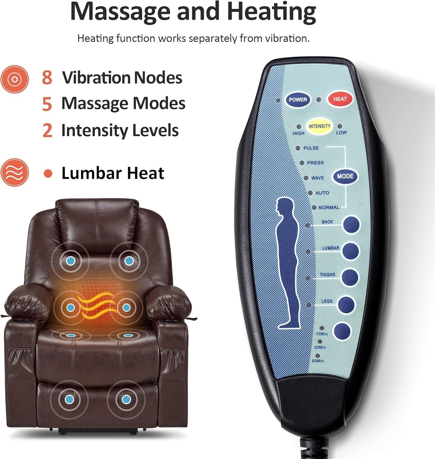 Dark Brown Riser Recliner Chair Lift Assist Heated Massage USB Faux Leather