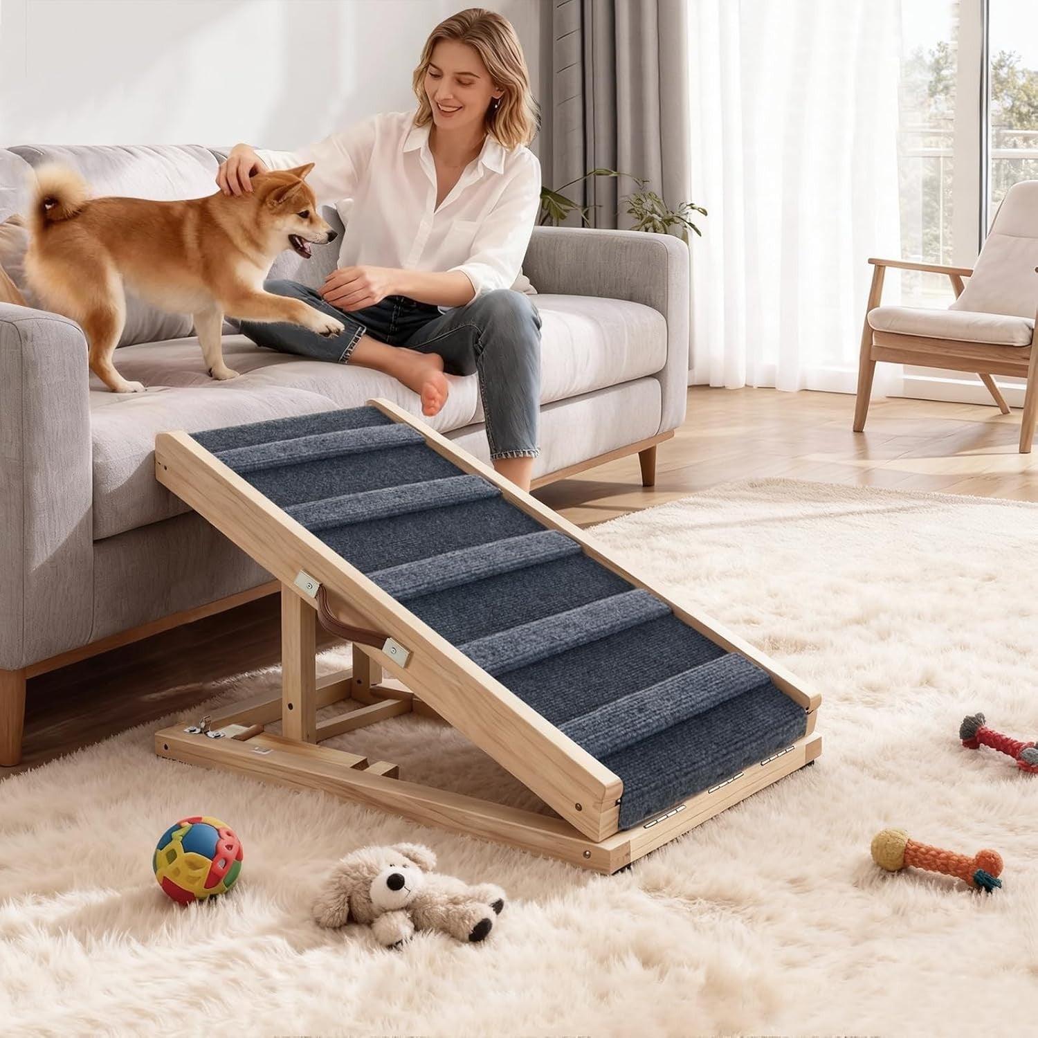 Adjustable Folding Wooden Dog Ramp & Pet Steps – Non‑Slip Safe Access