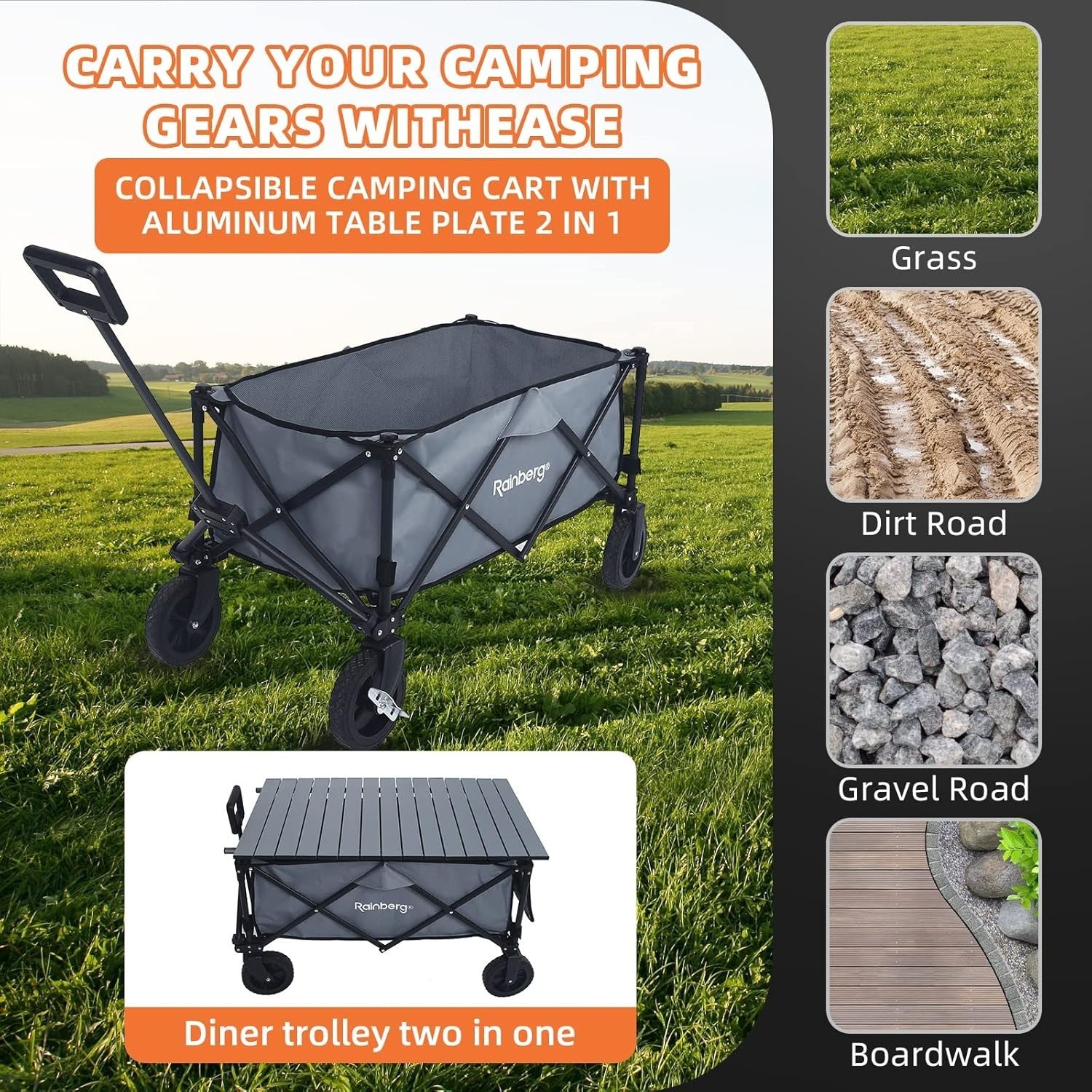 Grey Folding Camping Wagon 120kg Trolley w/ Table Top, Adjustable Handle & Bag