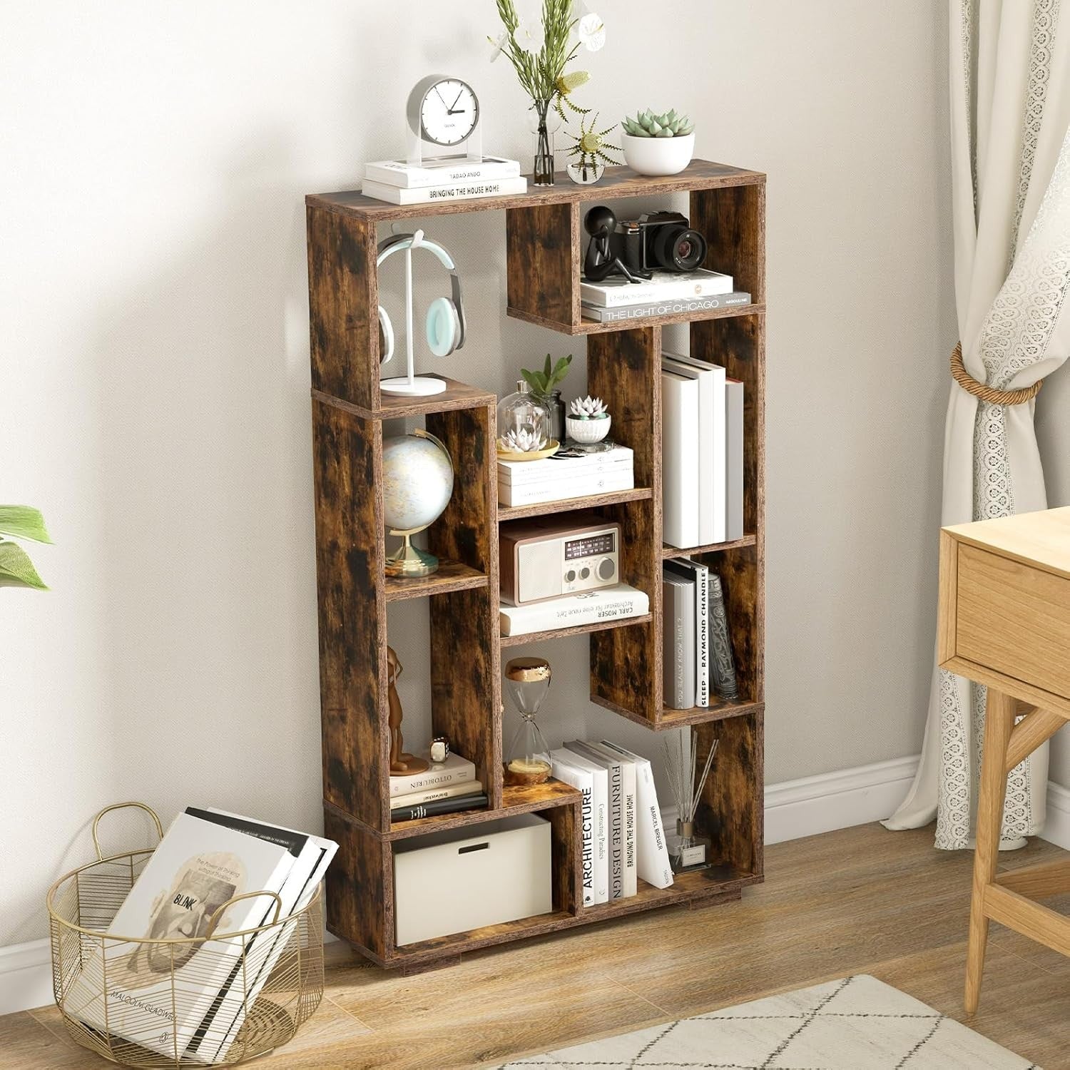 11-Cube Geometric Bookcase Rustic Brown | Modern Freestanding Display Storage