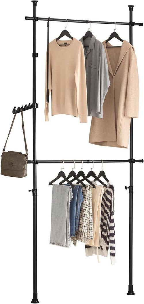 Telescopic Clothes Rail Adjustable Heavy Duty Open Wardrobe Black