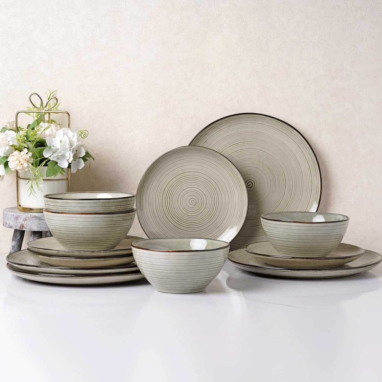 18pc Stoneware Dinner Set Swirl Plates Bowls Microwave Dishwasher Safe