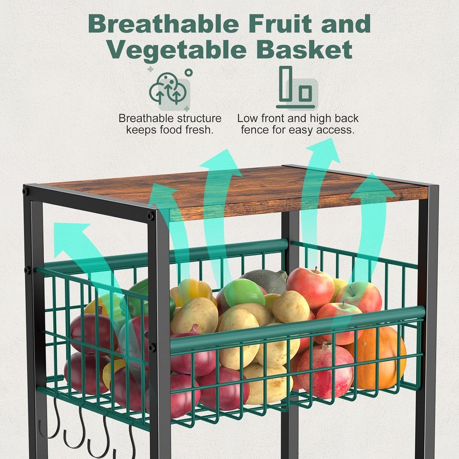 5 Tier Kitchen Rolling Cart Storage Rack with Fruit Basket & Wooden