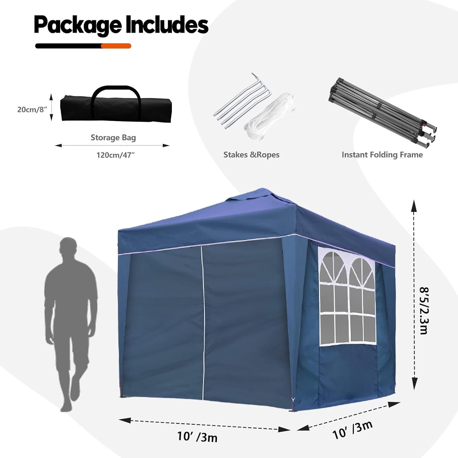 3x3M Blue Pop Up Gazebo With Removable Sides Waterproof Outdoor Tent