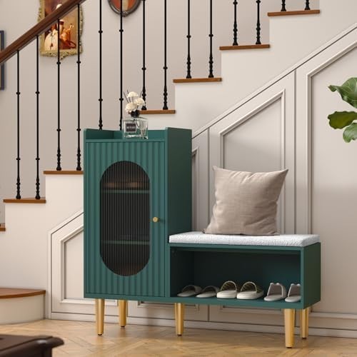 L-Shaped Shoe Storage Bench with Cushion Glass Doors 100×30×92 cm Green