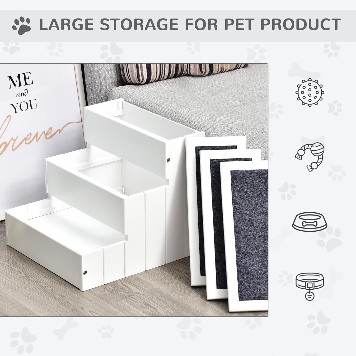 3-Step Wooden Dog Stairs Cat Ladder Bed Access with Storage White