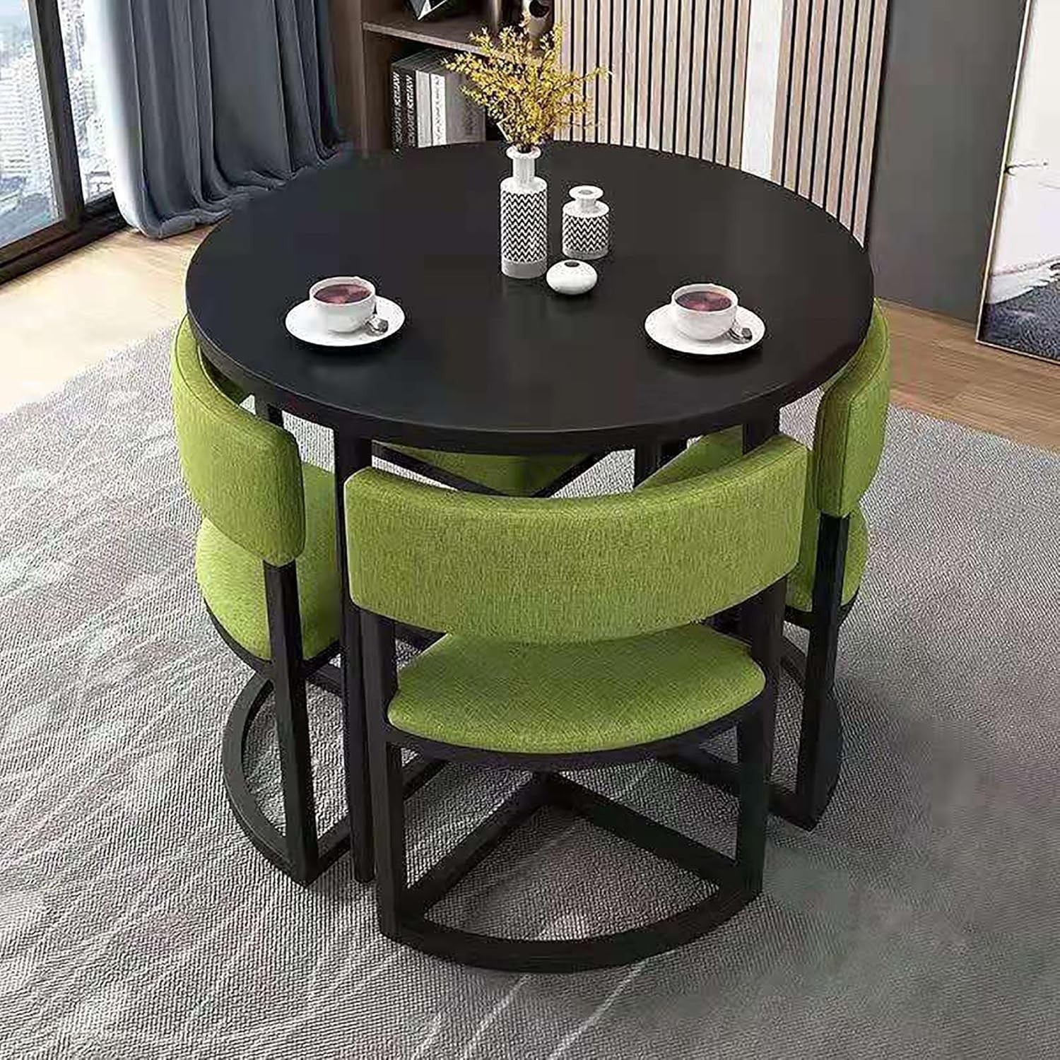 Round Meeting Table Set for Office – 80cm Compact Desk with 4 Foam-Lined Chairs