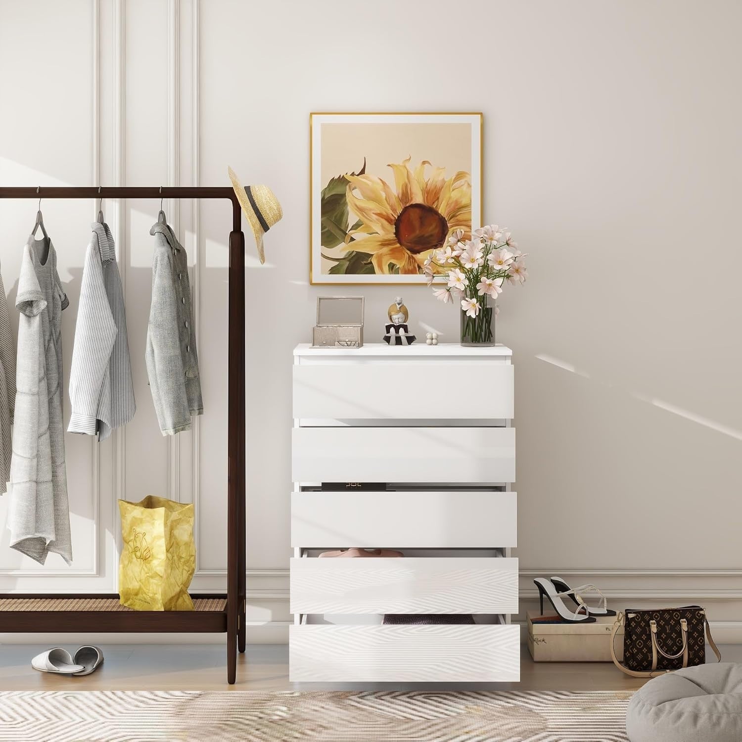 White 5 Drawer High-Gloss Chest Modern Storage Cabinet Bedroom Organizer