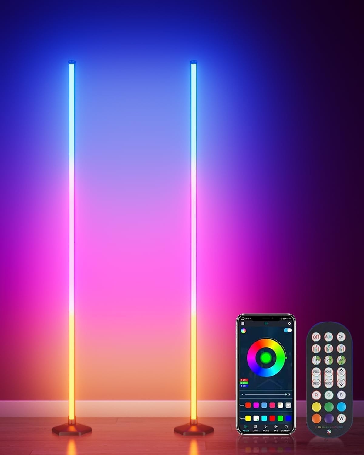 RGB LED Corner Floor Lamp 2 Pack App Remote Music Sync Ambient Light