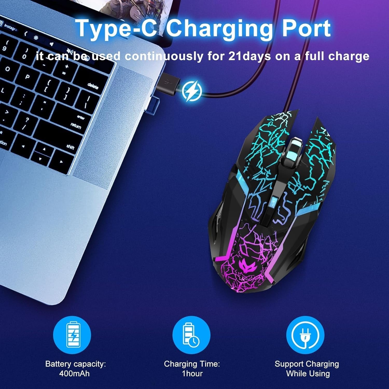 Wireless Gaming Mouse RGB Rechargeable 1600 DPI 6 Silent Buttons