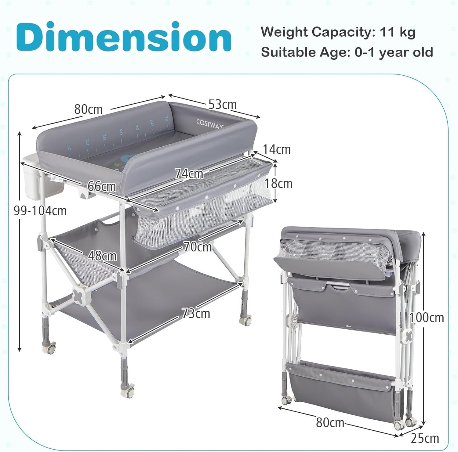 Baby Changing Table Folding Nursery Station with Wheels & Storage Grey