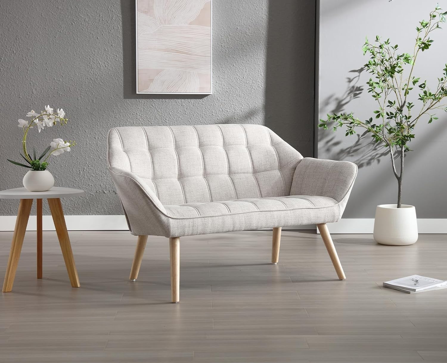 2 Seater Linen Sofa Tub Chair Beige Loveseat Armchair Wood Legs Lounge