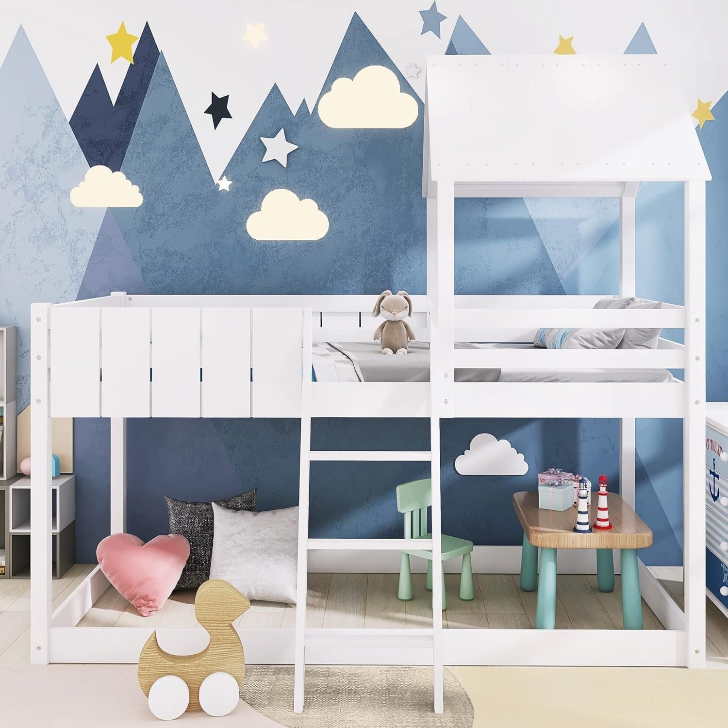 White Wooden Bunk Bed with Ladder, Guard Rail & Treehouse Mid Sleeper 3FT