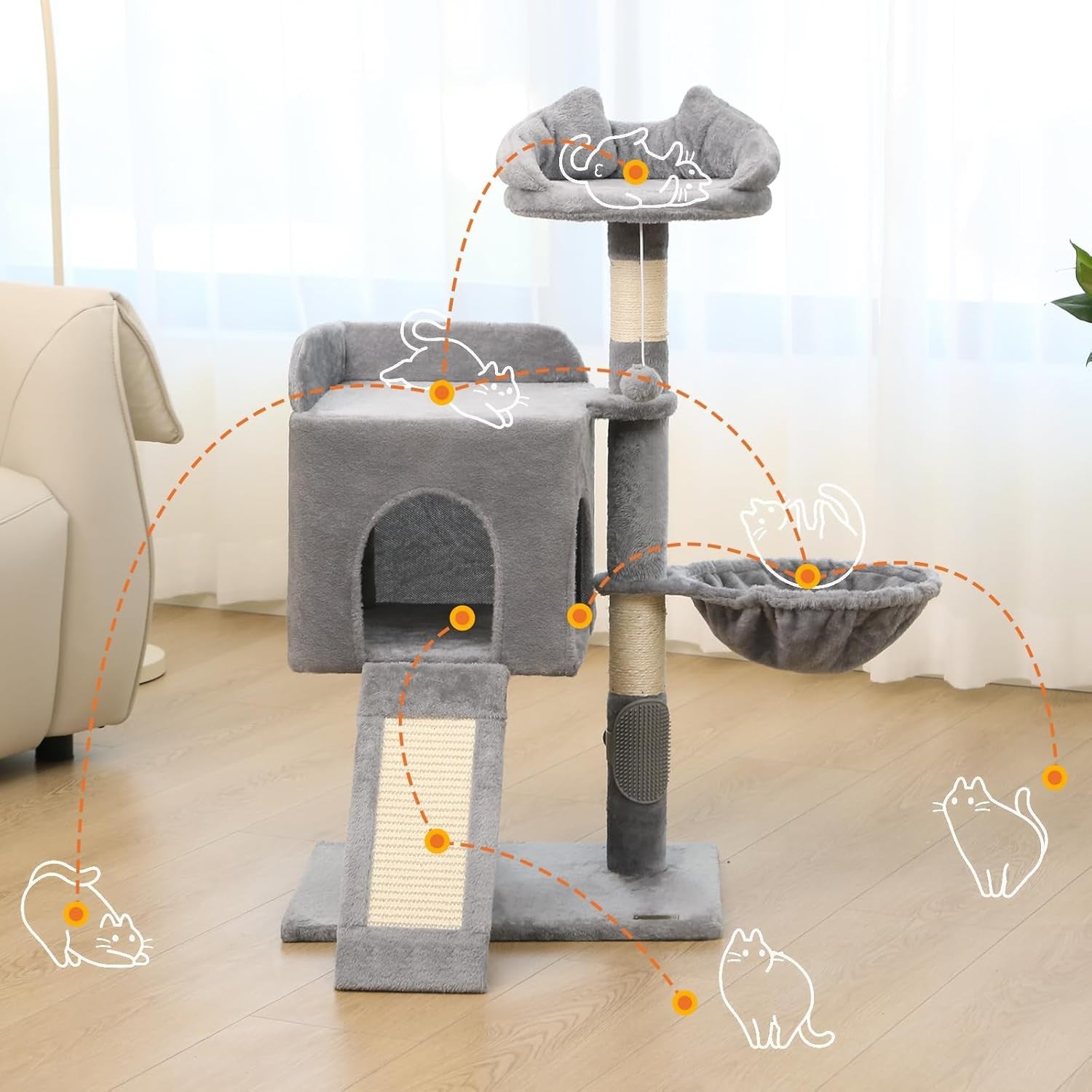 Cat Scratching Post Tower with Condo Hammock Sisal Posts Multi Level