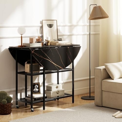 Folding Round Dining Table with Locking Wheels & 2-Tier Shelves Black