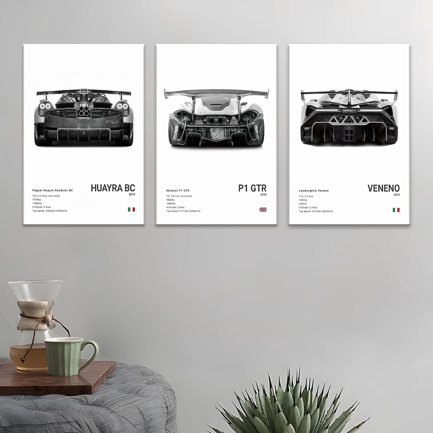 Black White Supercar Canvas Wall Art 3Pcs 16x24in Framed