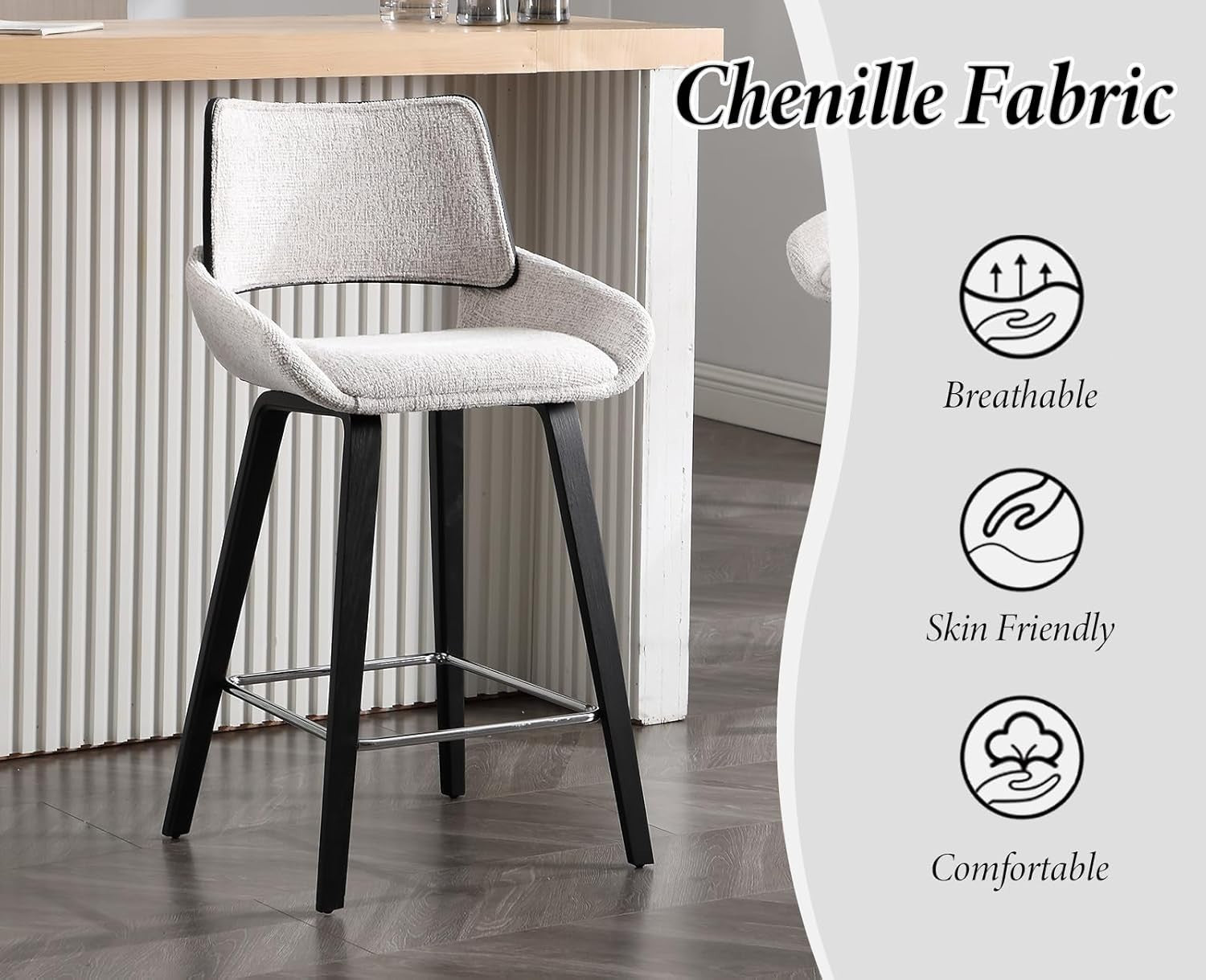 Modern Grey Bar Stools Set of 2 | Chenille Seat, Solid Wood Frame