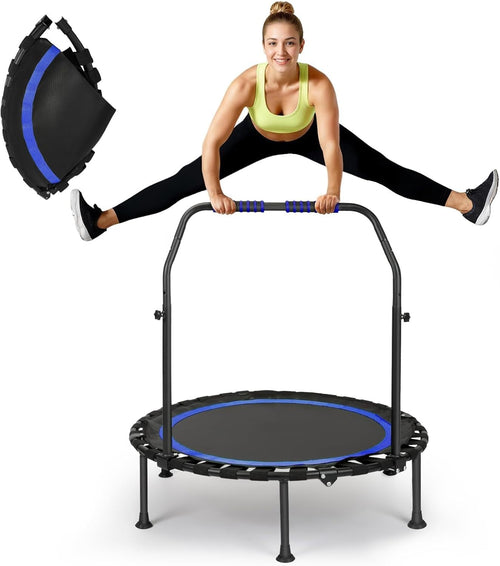 Foldable Fitness Trampoline Indoor Rebounder w Adjustable Grab Bar 150kg