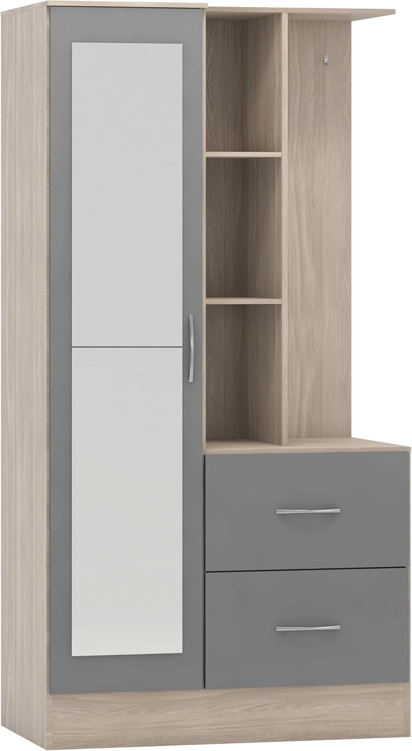 Grey Gloss Wardrobe with Mirror & Drawers Oak Effect Storage Unit