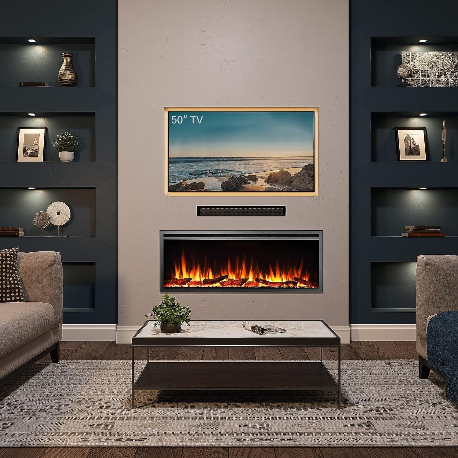 50" Wall Mount Electric Fireplace Multi Flame Colors 750W-1500W Heat