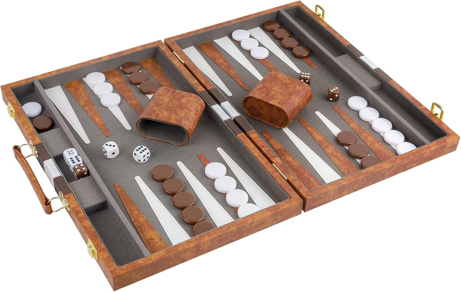 15 Inch Backgammon Set Leather Case Folding Board Portable Travel Game