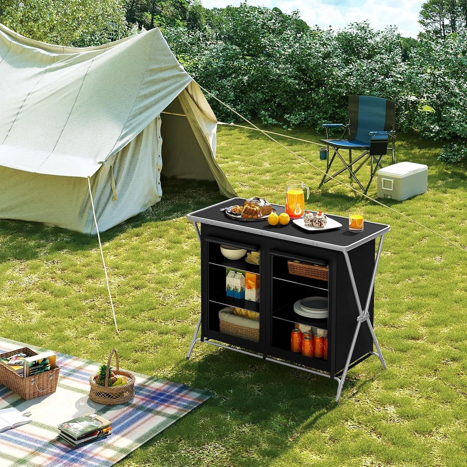 Camping Kitchen Table Foldable with Storage Cupboards & Carry Bag