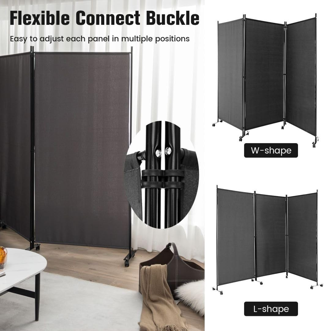 3 Panel Grey Folding Room Divider Privacy Screen on Wheels for Home Office