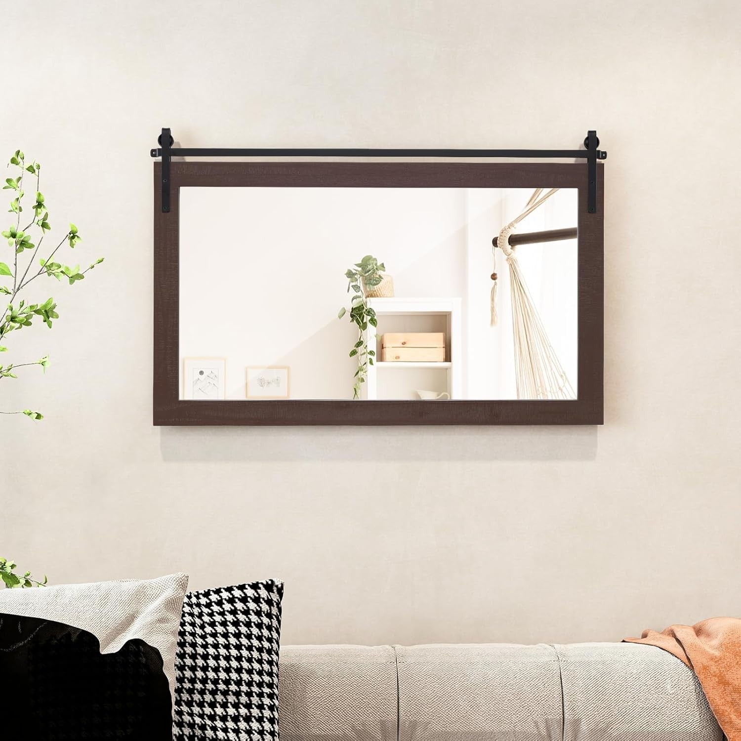 Barn Door Wall Mirror Walnut 101x66cm Rustic Farmhouse Wood Vanity Decor