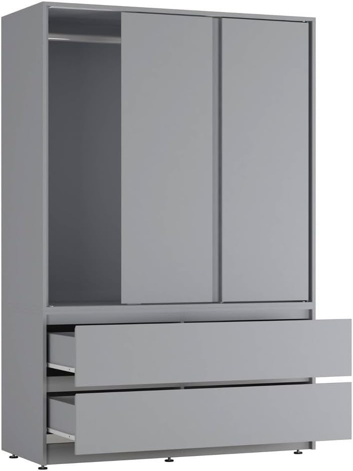 Grey Sliding Door Wardrobe with 4 Drawers & Hanging Rail – Space Saving