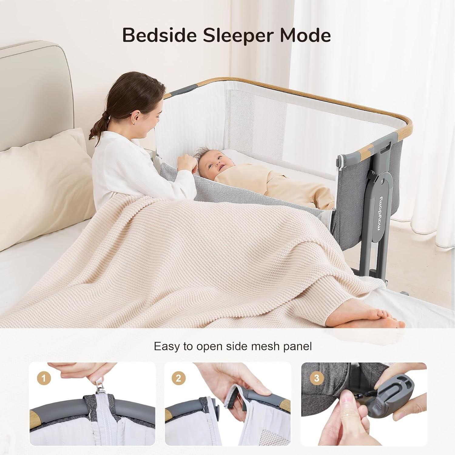 3in1 Baby Rocking Bassinet Bedside Crib Co-Sleeper Cot Breathable Mesh Grey