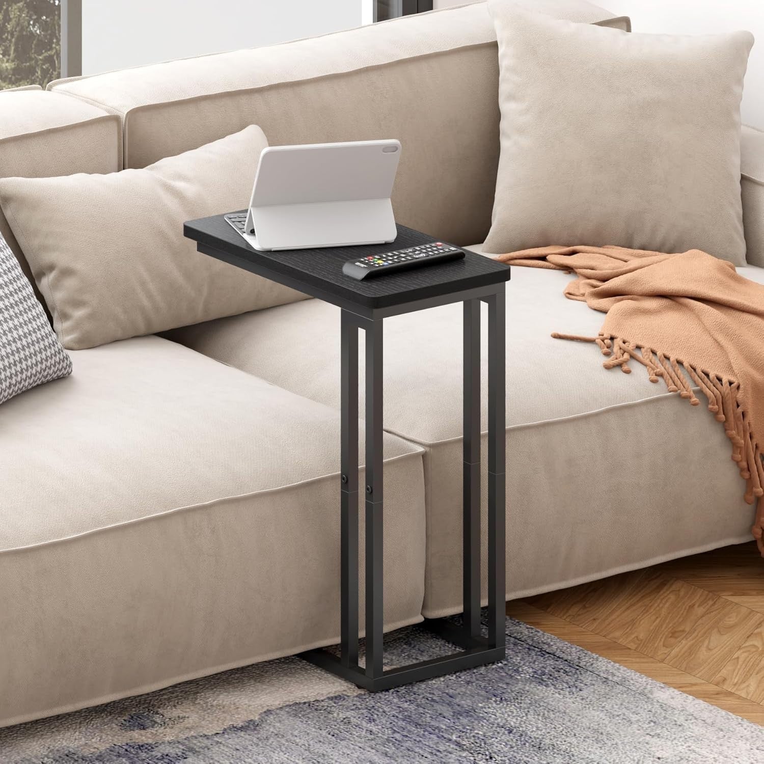 C-Shaped Narrow Side Table with Storage, Slide-Under Sofa, Compact Desk
