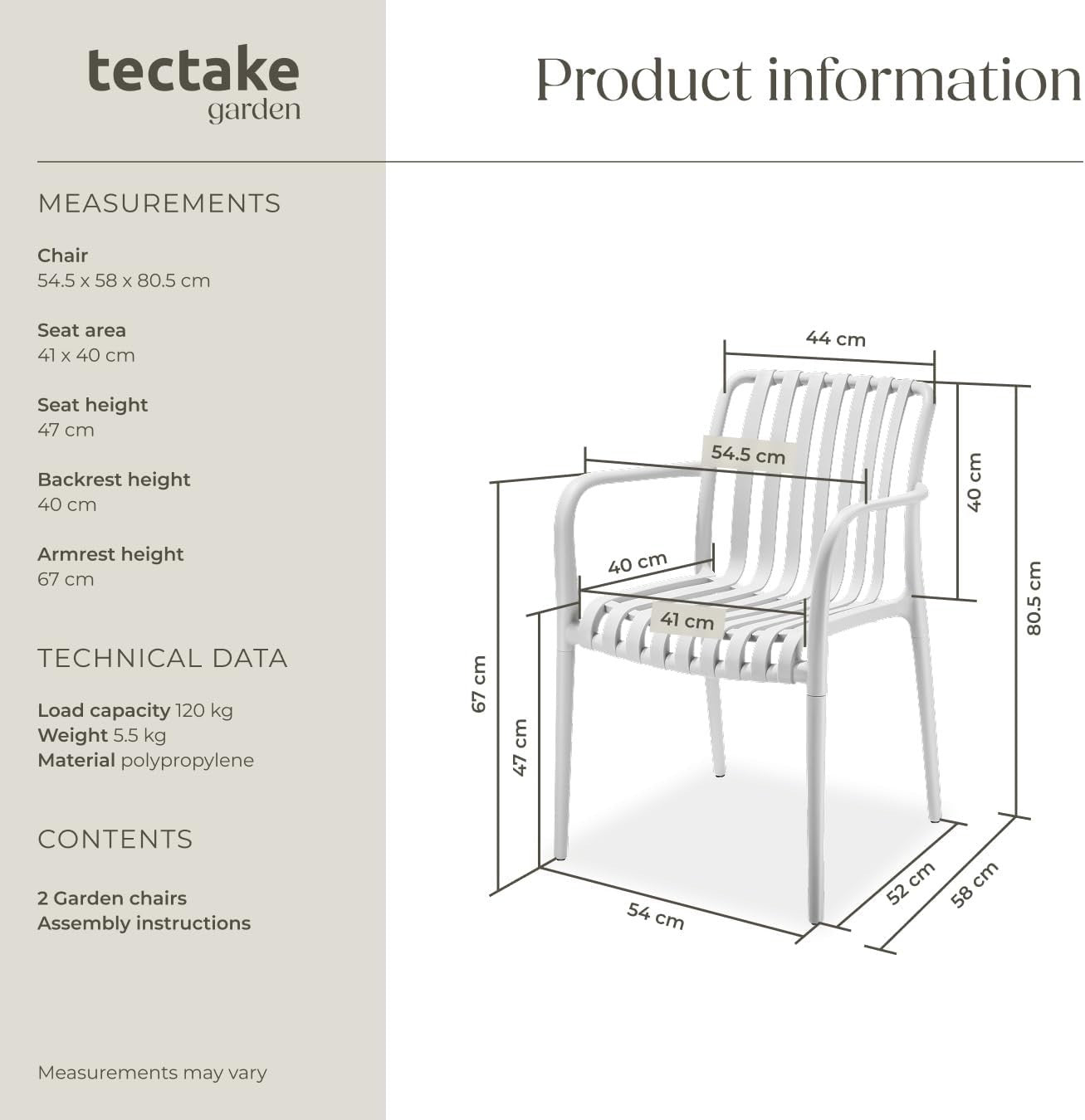 Stackable Garden Chairs Set of 2 Plastic Patio Armchairs Slatted Seat
