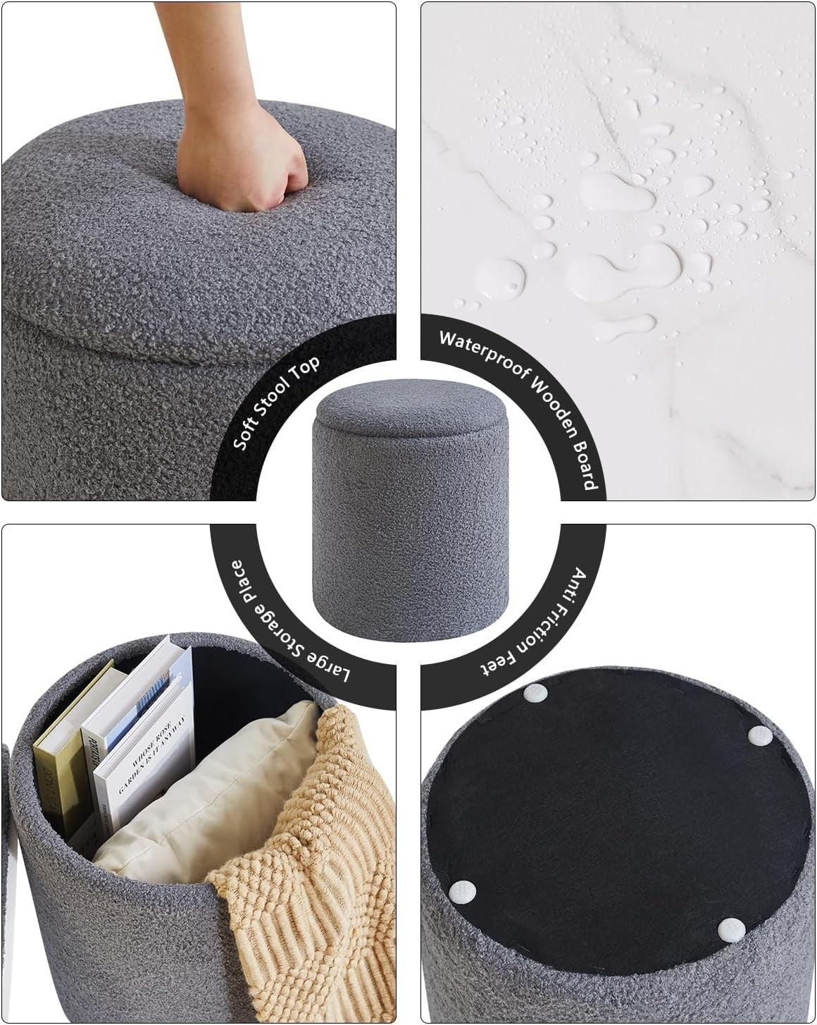 Set of 2 Round Fleece Ottomans with Storage – Nesting Footstools & Side Tables