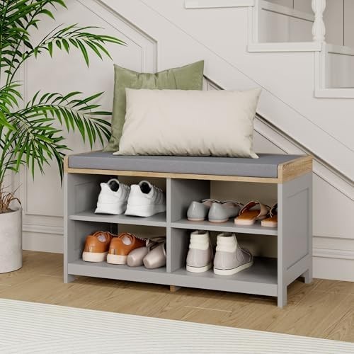 Grey Shoe Storage Bench with Cushion & 4 Shelves – Modern Hallway Unit