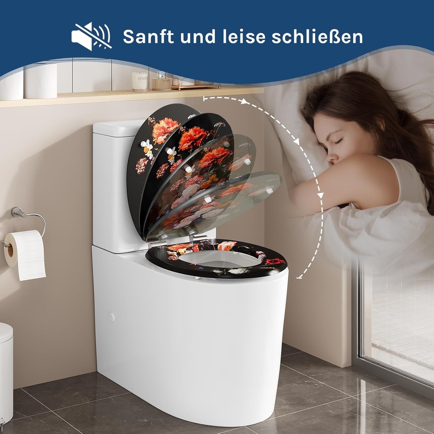 O-Shaped Toilet Seat Soft Close Quick Release Adjustable Hinges Flower Design