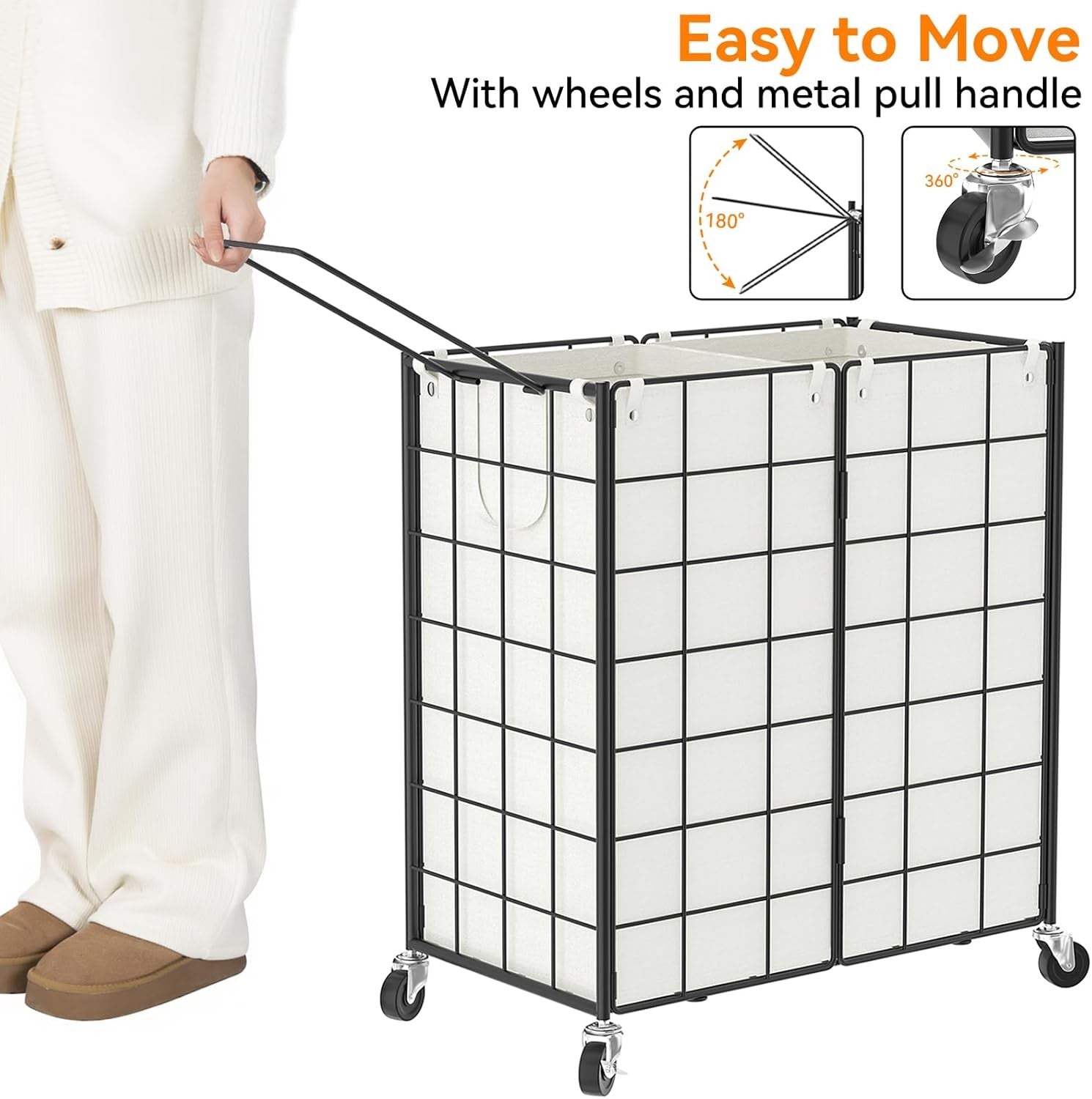 120L Double Laundry Hamper on Wheels with 2 Removable Bags Metal Rolling Basket