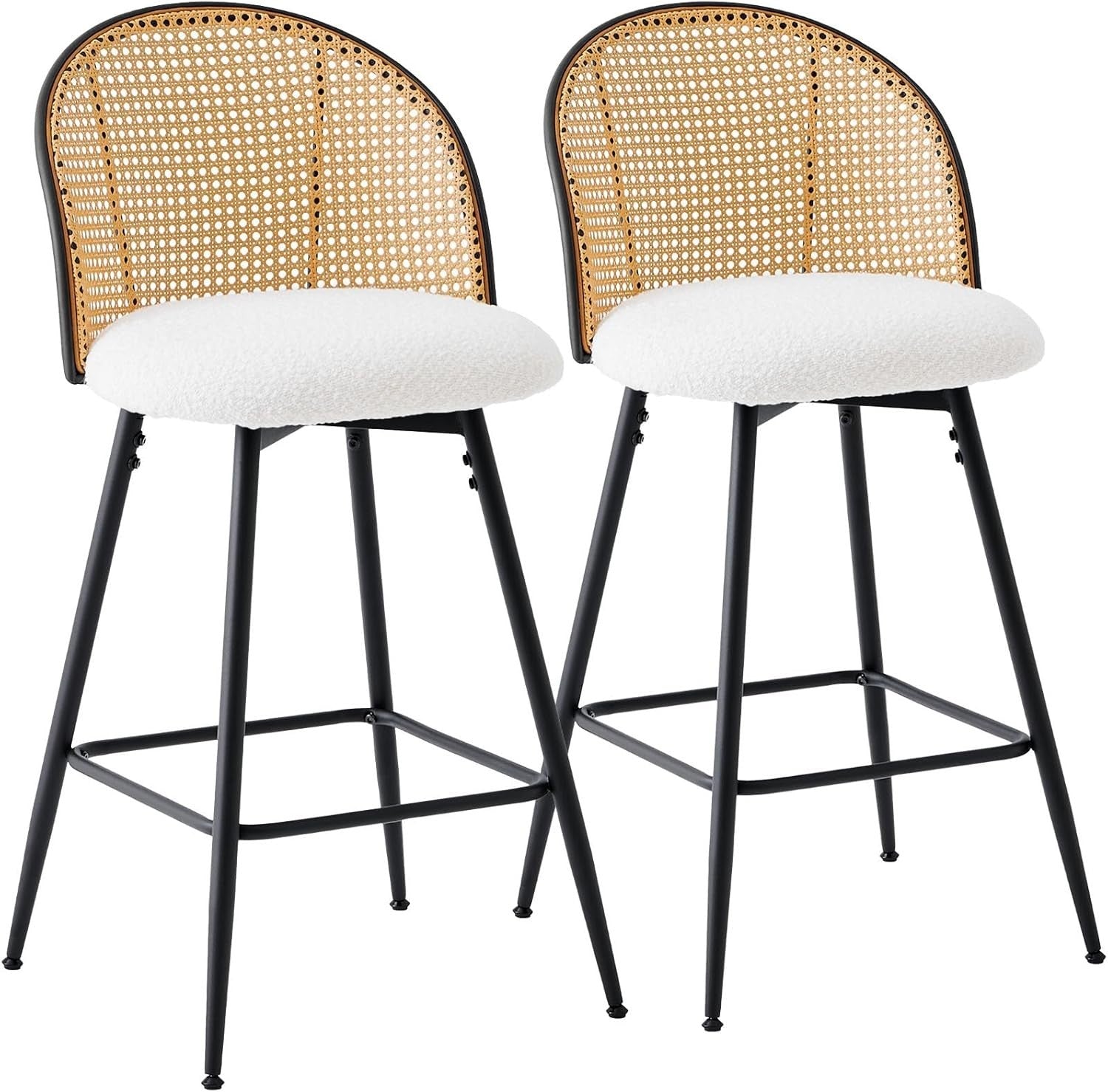 White Swivel Kitchen Counter Stools Pair Upholstered Rattan Back Island Seats